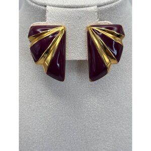 Napier Vintage Gold Tone Purple Enamel Half Moon Fan Screw Back Clip On Earrings